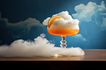  a glass filled with liquid sitting on top of a table next to a cloud filled with an orange on top of it.