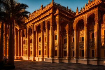 Obraz premium The exterior view of a classic palace bathed in the soft glow of the setting sun