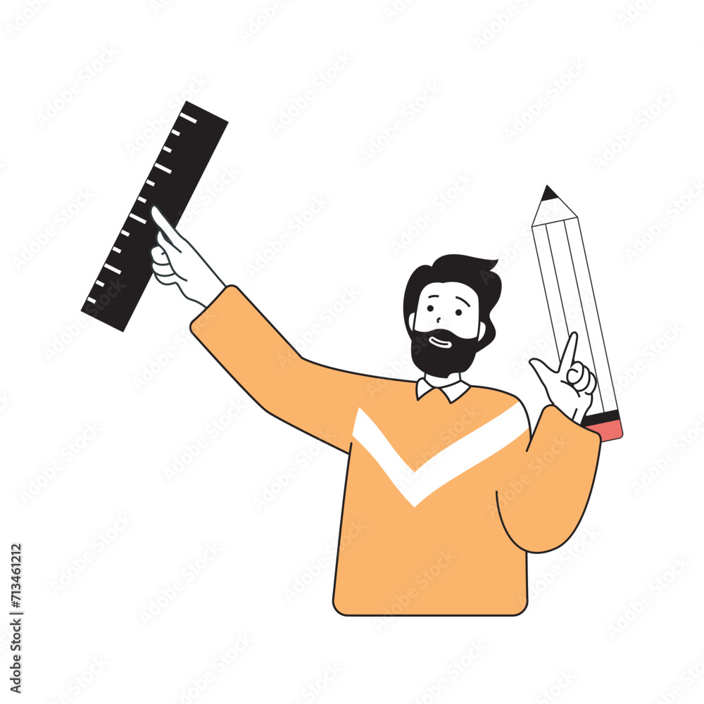 Poster school learning concept with cartoon people in flat design for web. student with pencil and ruler so