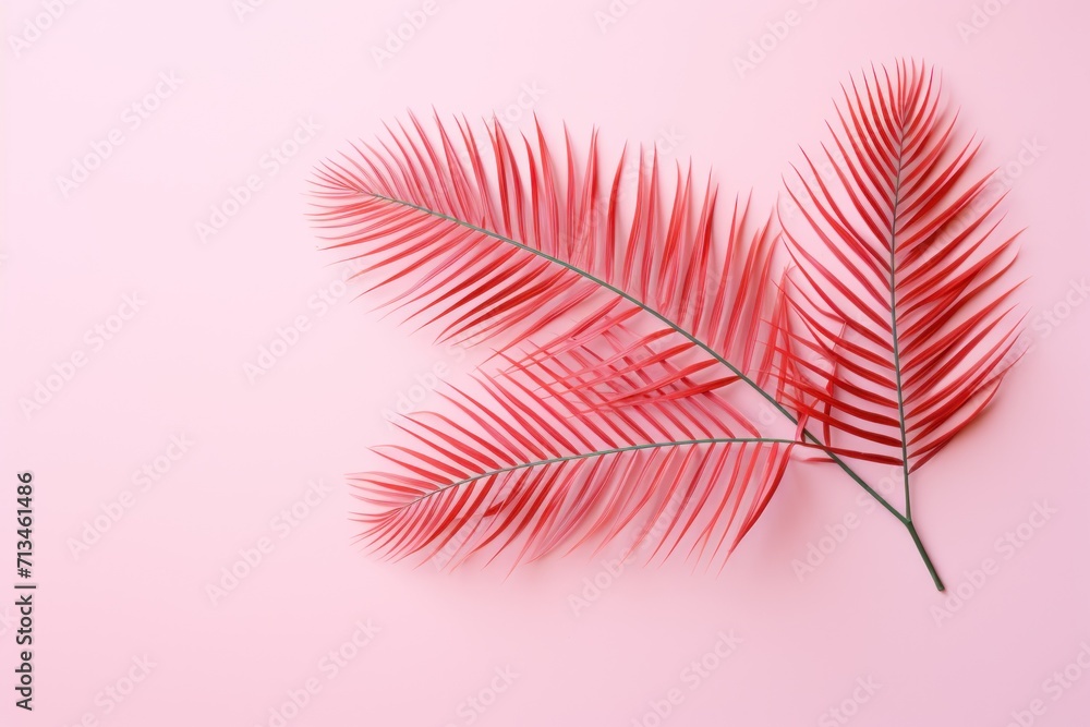 Poster a close up of a red palm leaf on a pink background with copy - up space in the bottom right corner.
