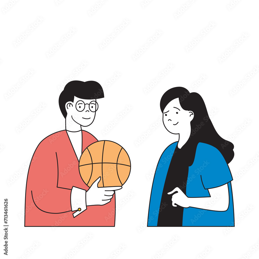Poster school learning concept with cartoon people in flat design for web. students with ball playing baske