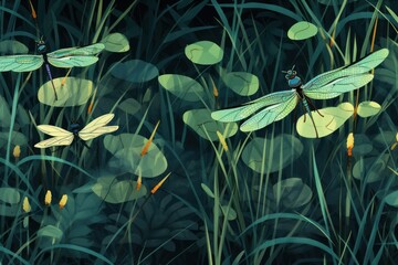  a couple of dragonflies sitting on top of a lush green field of waterlily plants and reeds.