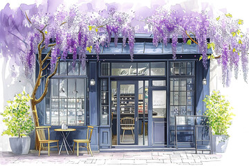  Cafe storefront exterior building facade with blooming wisteria .