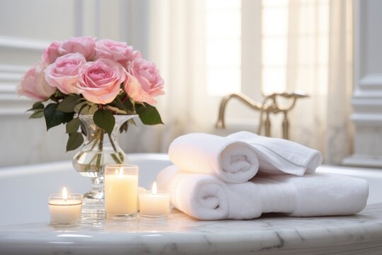  a bouquet of pink roses sitting on top of a bath tub next to a pile of white towels and candles.