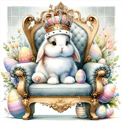 An illustration of an Easter bunny a crown and sitting on a throne, rendered in watercolor style.