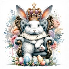 Fototapeta na wymiar An illustration of an Easter bunny a crown and sitting on a throne, rendered in watercolor style.
