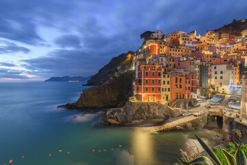 Fototapeta na wymiar Riomaggiore, Italy in Cinque Terre at Dusk