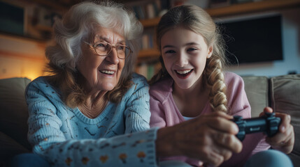 Grandma granddaughter enjoy videogames sit on couch at home, weekend activity with kids concept