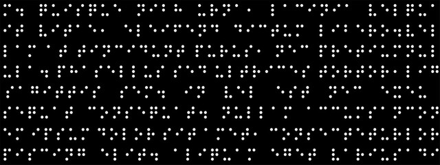 Seamless pattern with white round dots braille text on a black background. International code symbols of alphabet for the blind.
