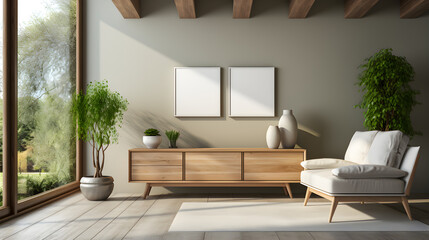 Interior of a contemporary living room with a wooden dresser, a mock-up of a horizontal poster, and a green plant