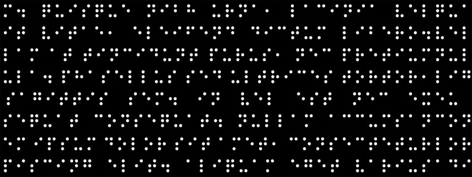 Seamless pattern with white round dots braille text on a black background. International code symbols of alphabet for the blind.