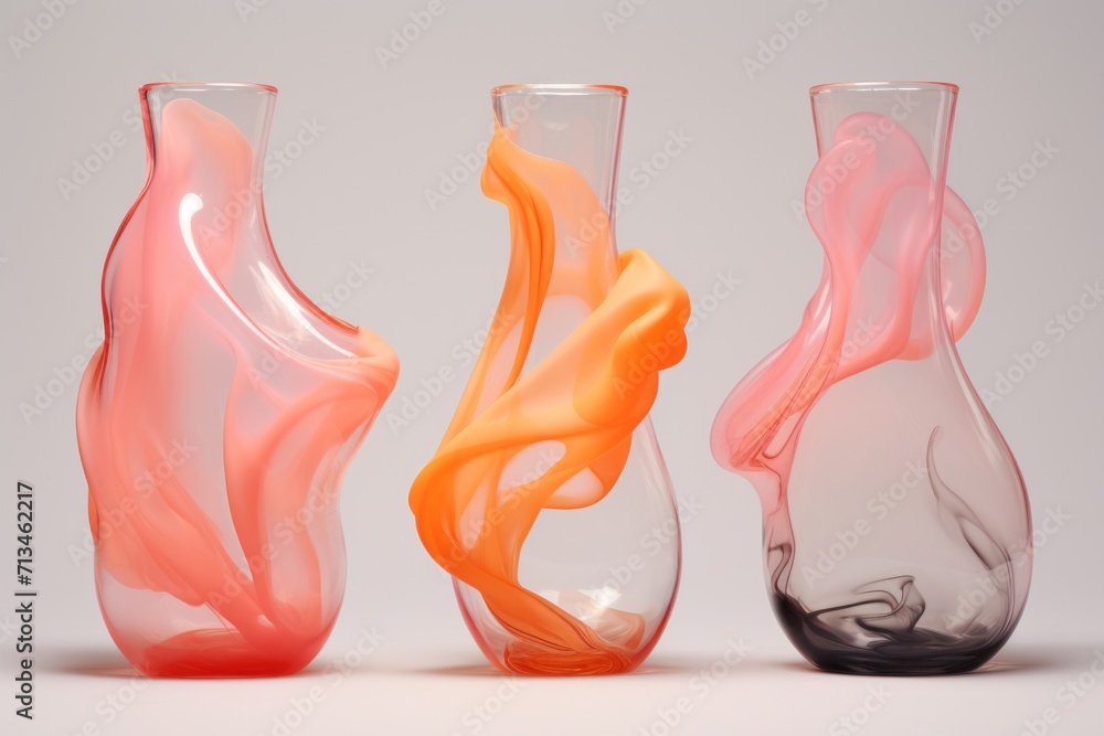 Poster a group of three vases sitting next to each other on a white surface in front of a gray background.