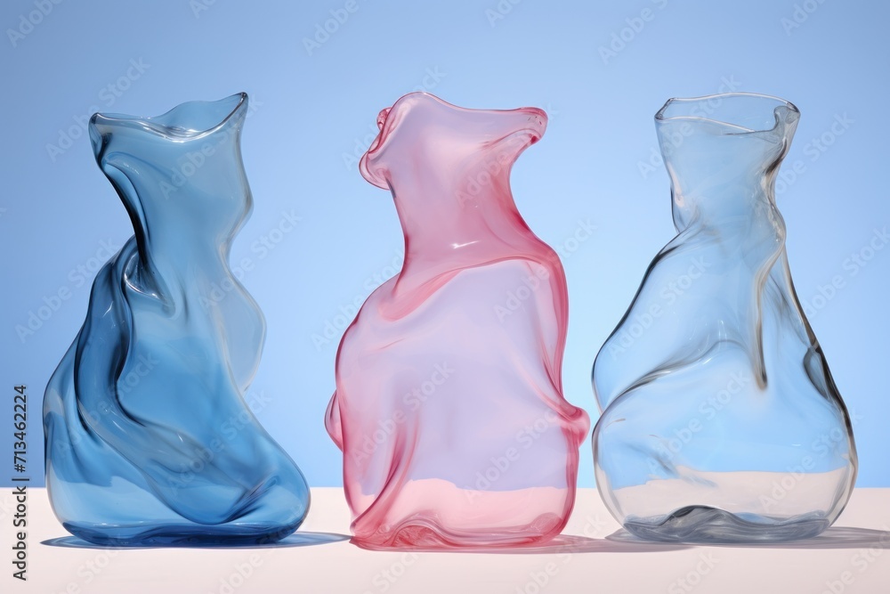 Poster a group of three glass vases sitting on top of a table next to each other on top of a table.