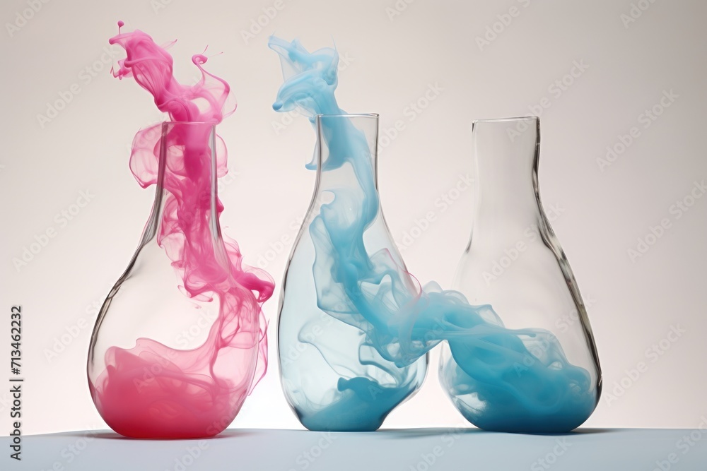 Poster a group of three vases with different colors of paint in the bottom and bottom of the vases on the b