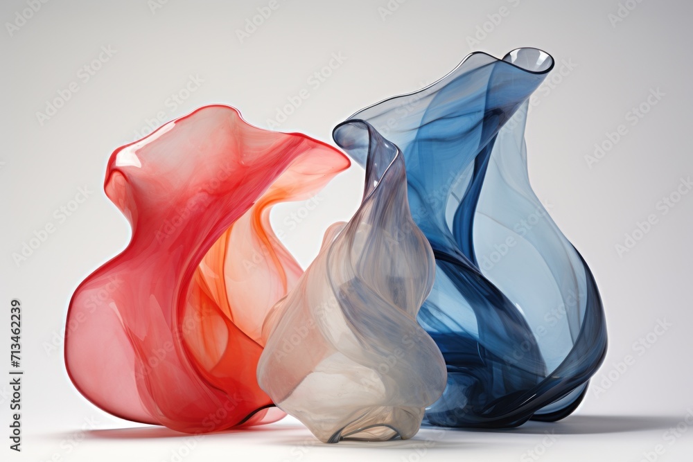 Poster a group of three vases sitting next to each other on a white surface in front of a gray background.