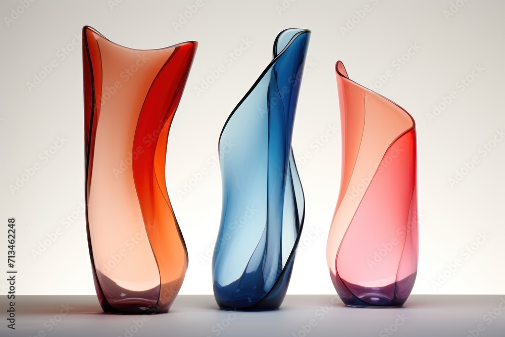 Poster a group of three colorful vases sitting next to each other on top of a wooden table in front of a wh