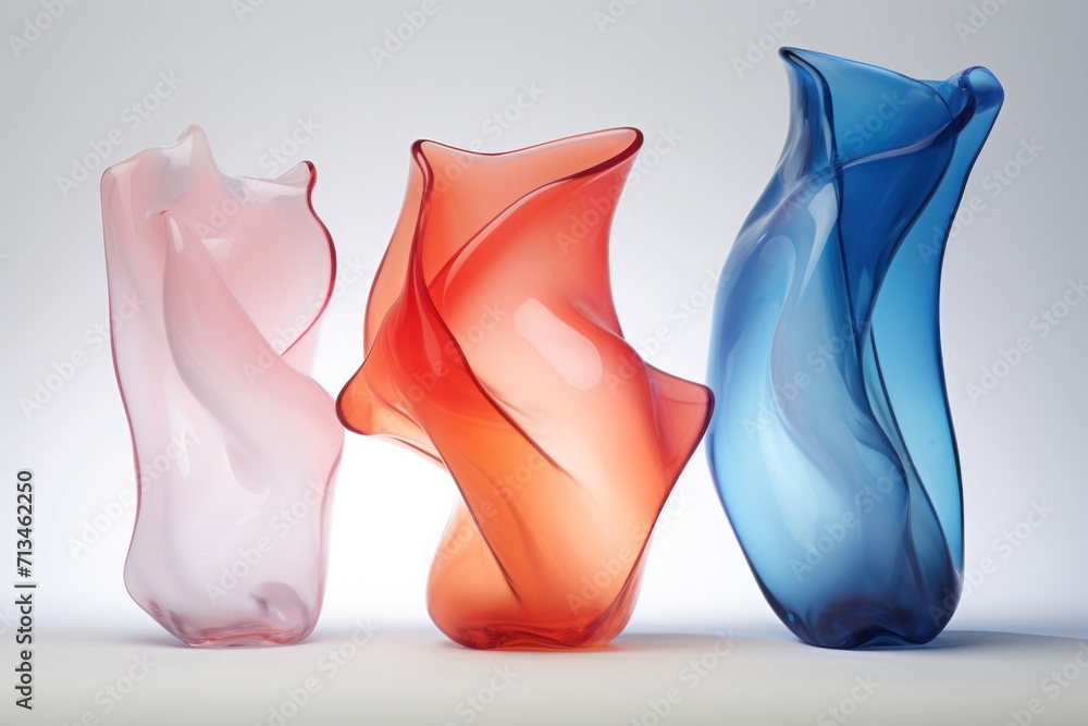 Poster a group of three colorful vases sitting next to each other on a white surface in front of a gray bac