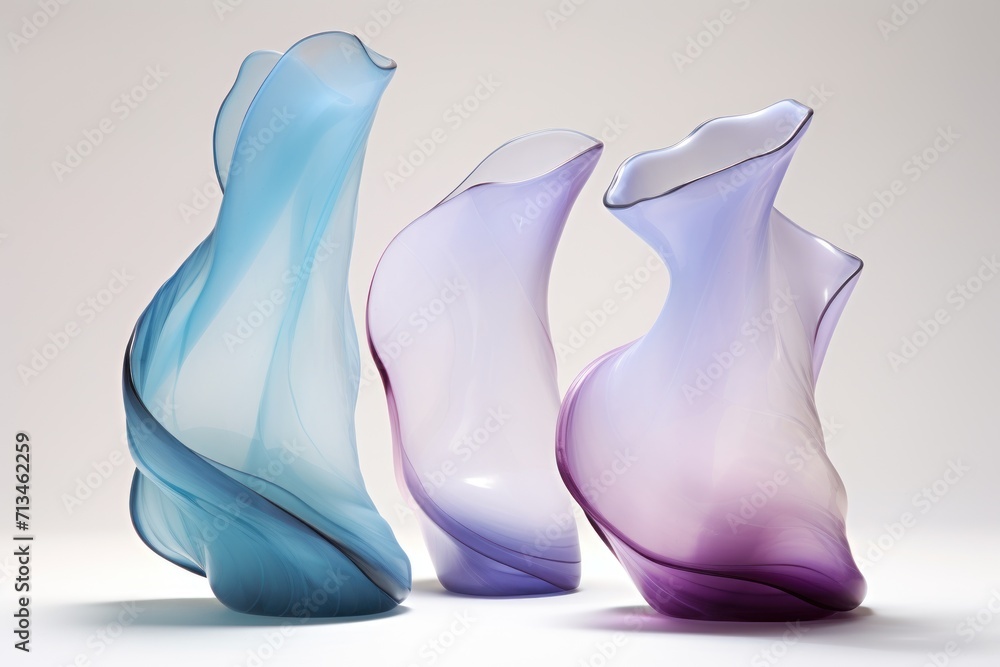 Poster a group of three vases sitting next to each other on a white surface in front of a gray background.
