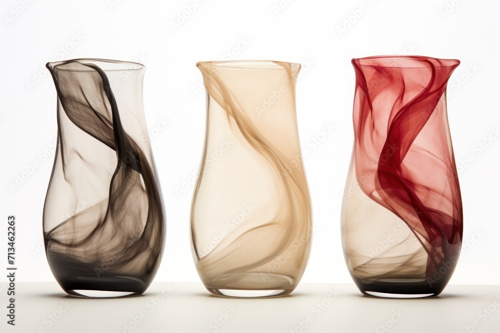 Poster a group of three vases sitting next to each other on a white surface in front of a white background.