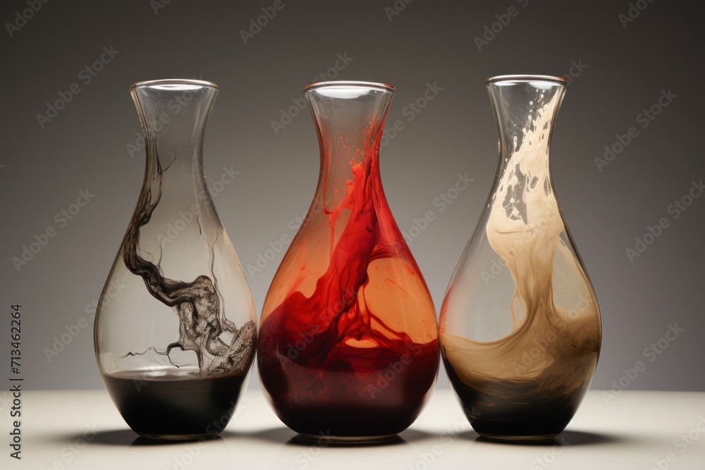 Poster a group of three glass vases sitting next to each other on a white table with a black and red design