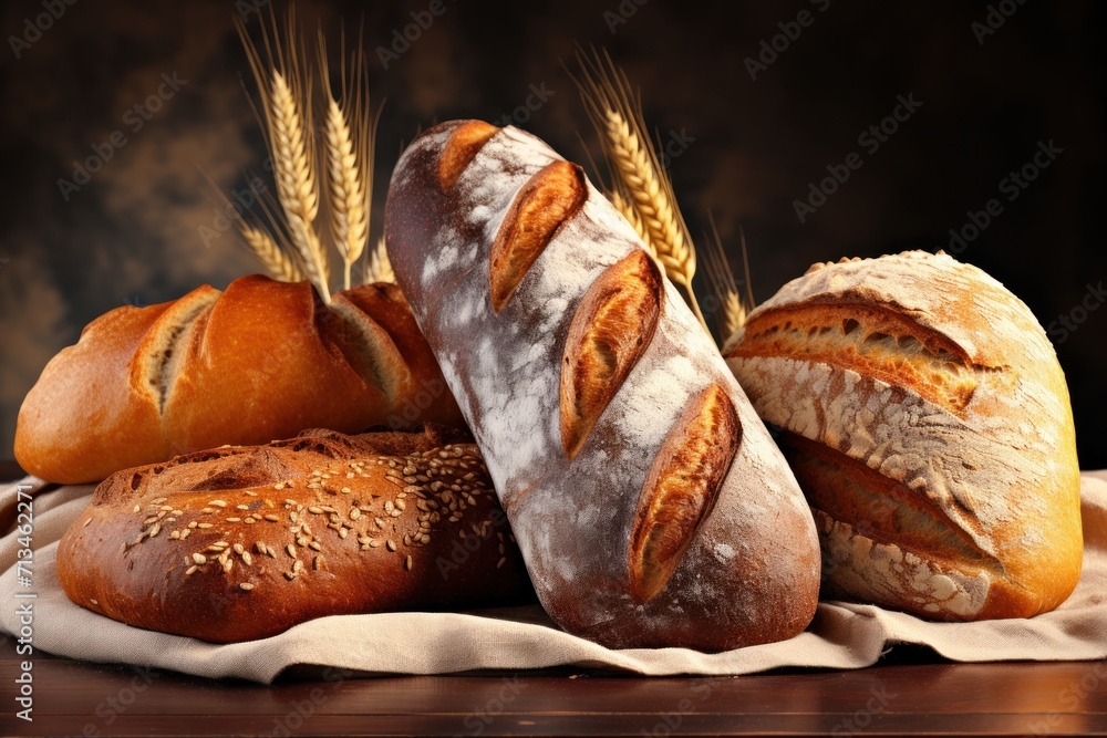 Poster a group of breads sitting on top of a table next to a pile of breads on top of a cloth.