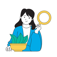 Science laboratory concept with cartoon people in flat design for web. Scientist with magnifier analyzing plants for botany research. Vector illustration for social media banner, marketing material.
