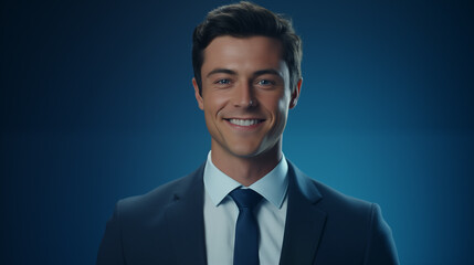 Portrait of a businessman in a blue suit. Man model. Blue background studio.