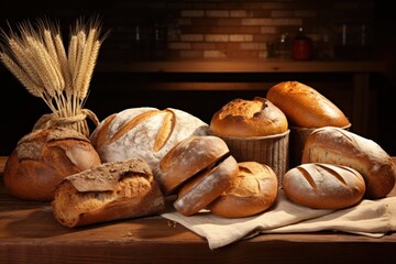  a table topped with loaves of bread next to a basket filled with loaves of loaves of bread.