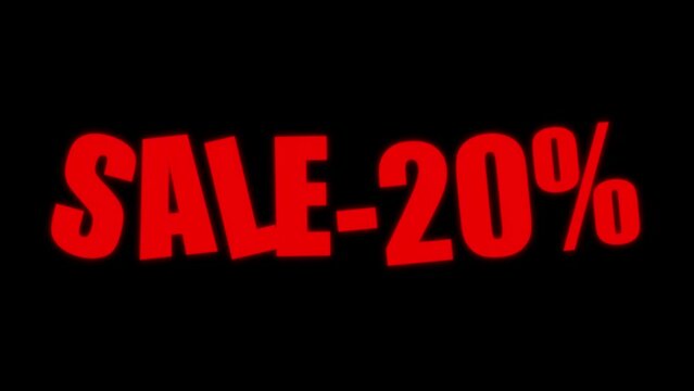 Animated Red 'SALE 20 Percent Off' Text on Black Background. Discount 20% Marketing and Advertising Animation. 20 Percent Promotion Concept.