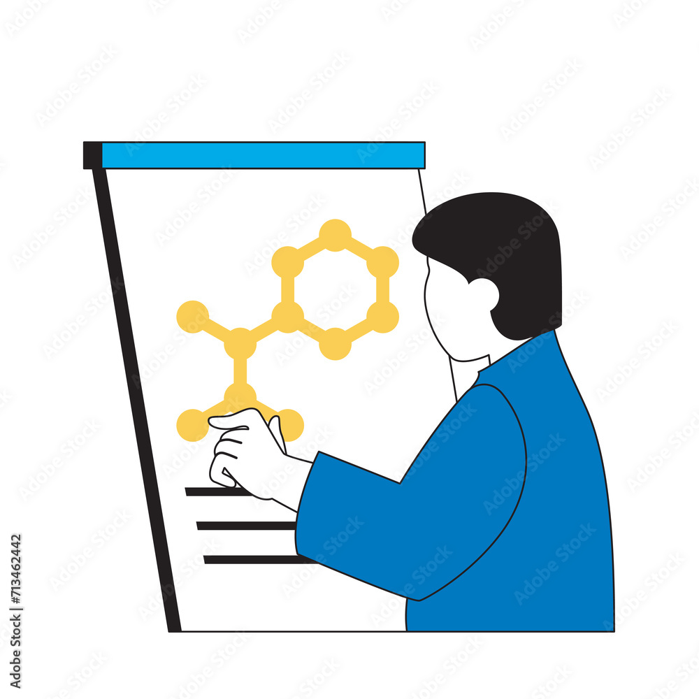 Aufkleber Science laboratory concept with cartoon people in flat design for web. Scientist making presentation at board with molecular structure. Vector illustration for social media banner, marketing material.