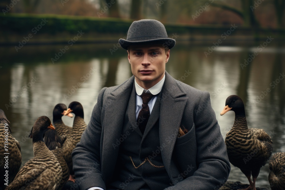 Aufkleber a man in a suit and tie sitting in front of a group of ducks in a pond with trees in the background.
