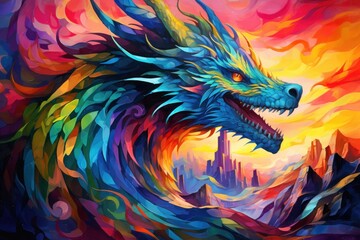  a painting of a colorful dragon with a castle in the background and a castle in the middle of the painting.