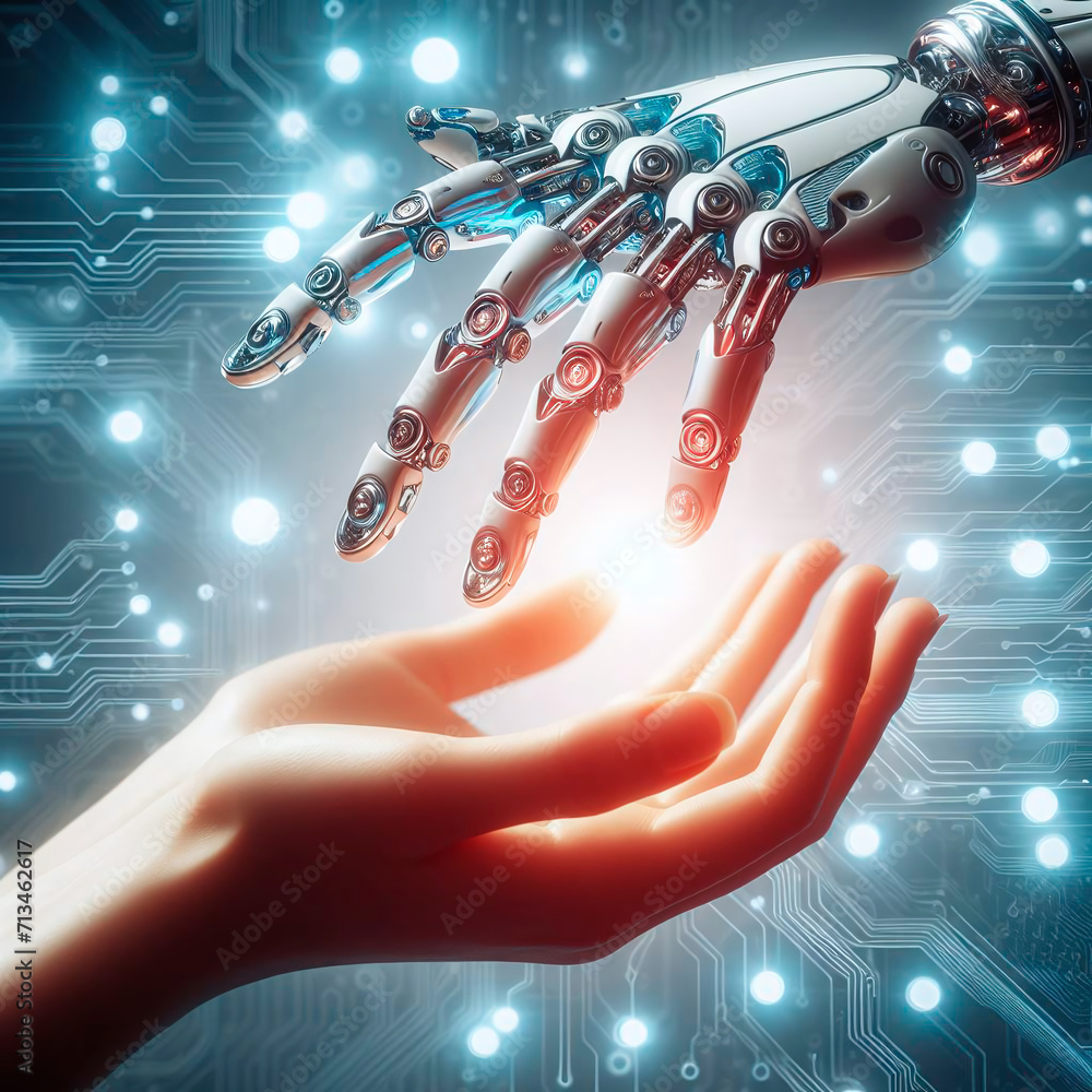 Aufkleber close up of human hand and robot arm touching circuit board. 3d rendering