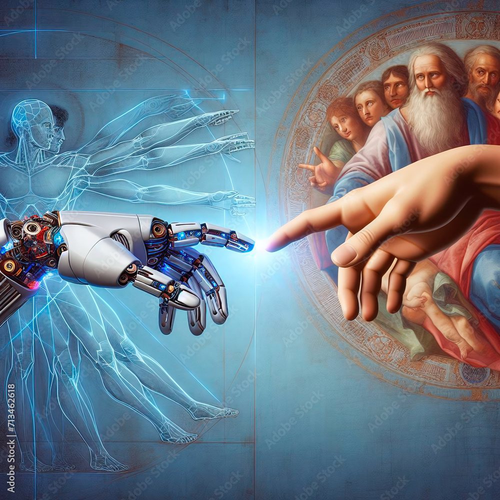 Aufkleber 3d rendering robotic hand touching human hand with glowing light rays on background
