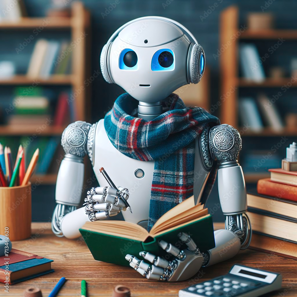 Poster robot reading book in library. education and technology concept. 3d rendering