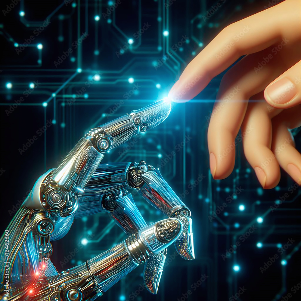 Poster close up of human hand touching robot arm against circuit board background 3d rendering