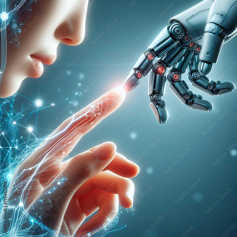 Poster robot hand touching human hand on circuit board background 3d rendering
