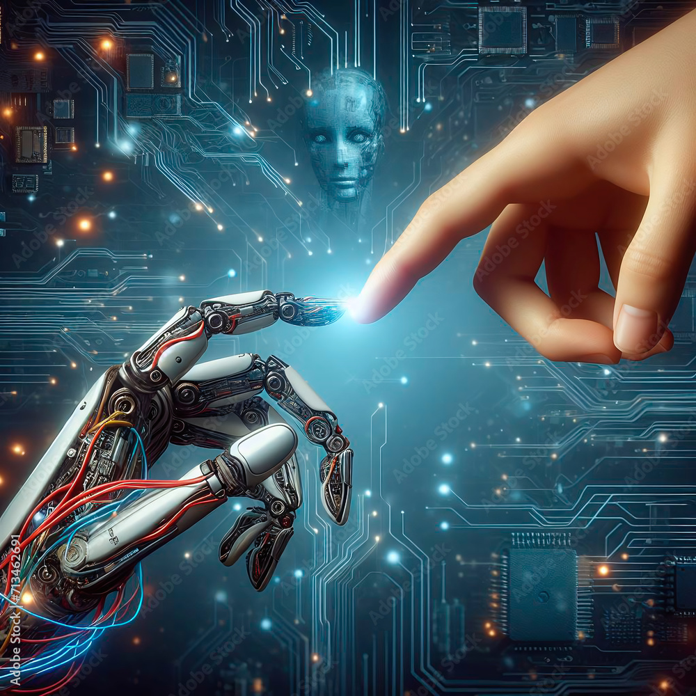 Poster 3d rendering humanoid robot touching human finger with circuit board in background
