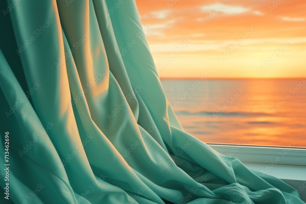 Poster a view of the ocean from a window with a curtain in the foreground and a sunset in the background.