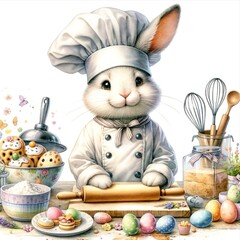 An illustration of an Easter bunny in a chef’s hat baking Easter treats, rendered in watercolor style.