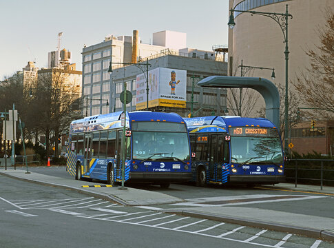 Clean-Energy Hybrid Buses on Streets Midtown Manhattan, New York City