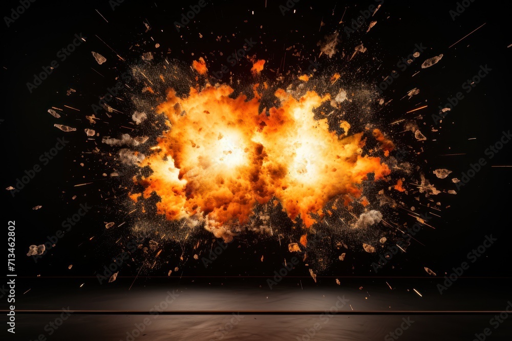 Poster a large explosion of orange and black objects on a black background with a black background and a bl