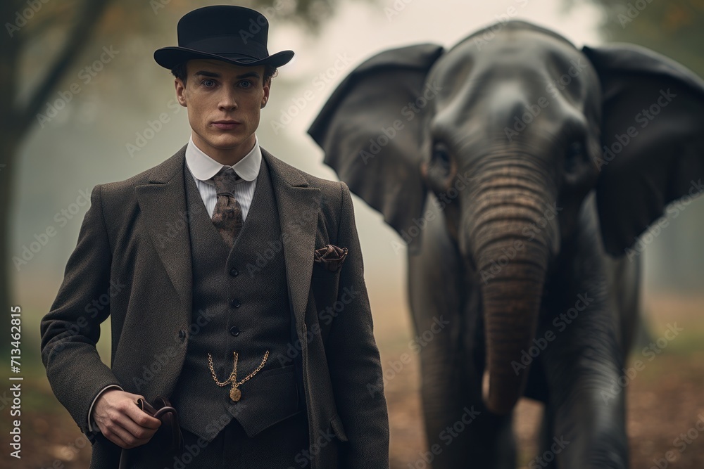 Poster a man in a suit and top hat standing next to an elephant in a forest with trees in the background.