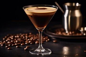 a close up of a drink in a glass on a table with coffee beans and a coffee pot in the background.