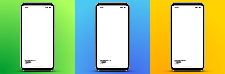 3D realistic high quality smartphone mockup with isolated background. Smart phone mockup collection. Device front view. 3D mobile phone with shadow on white background.