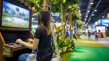 Young woman playing the latest trendy jungle game at the computer games expo