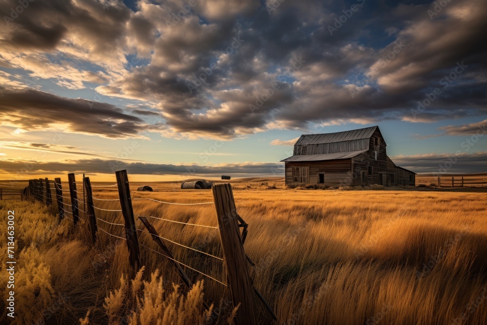 Poster a barn in the middle of a field with a fence in the foreground and a sunset in the background.