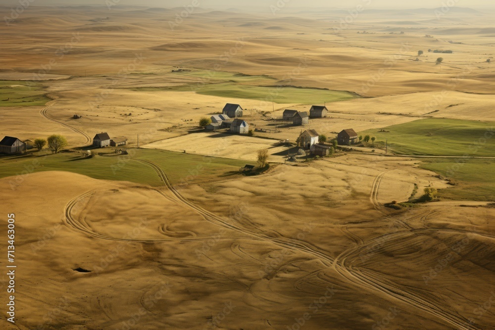 Poster an aerial view of a farm in the middle of a field with a few buildings on the other side of the fiel