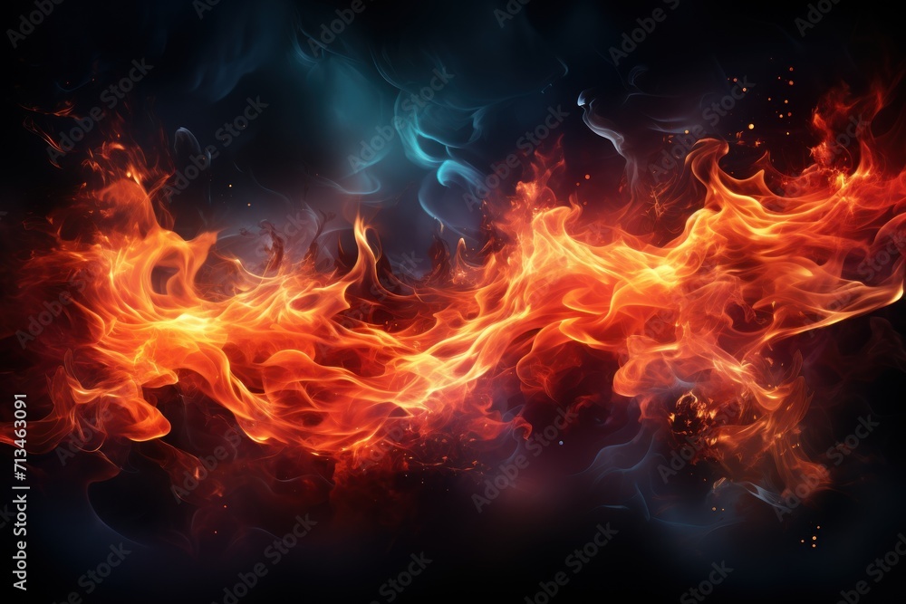 Poster a dark background with red and orange fire and smoke on the left side of the image and on the right 