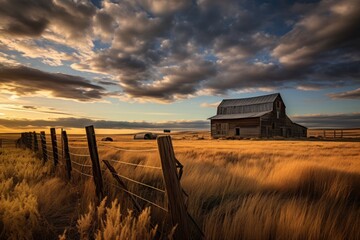  a barn in the middle of a field with a fence in the foreground and a sunset in the background.